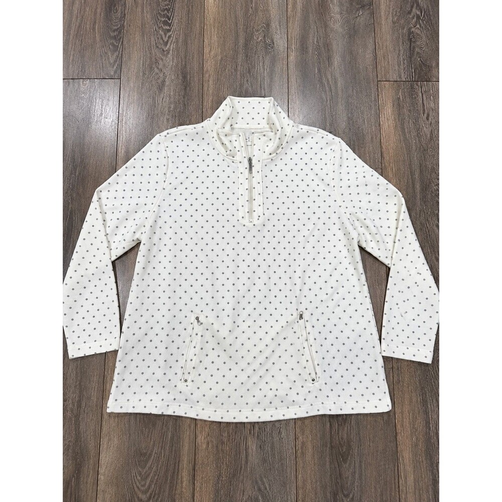 Karen Scott Sport Womens XL White Gray Polka Dot Quarter Zip Pullover Fleece